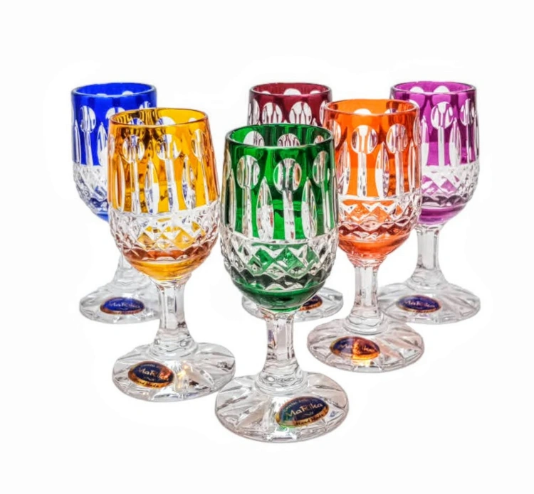 Kolorowe kryształowe kieliszki do wódki 25ml Francuskie 6 sztuk
